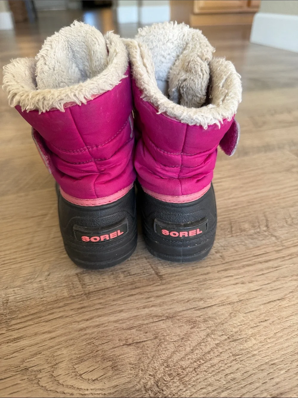Sorel Pink and Black Kids Winter Boots with Faux Fur Trim